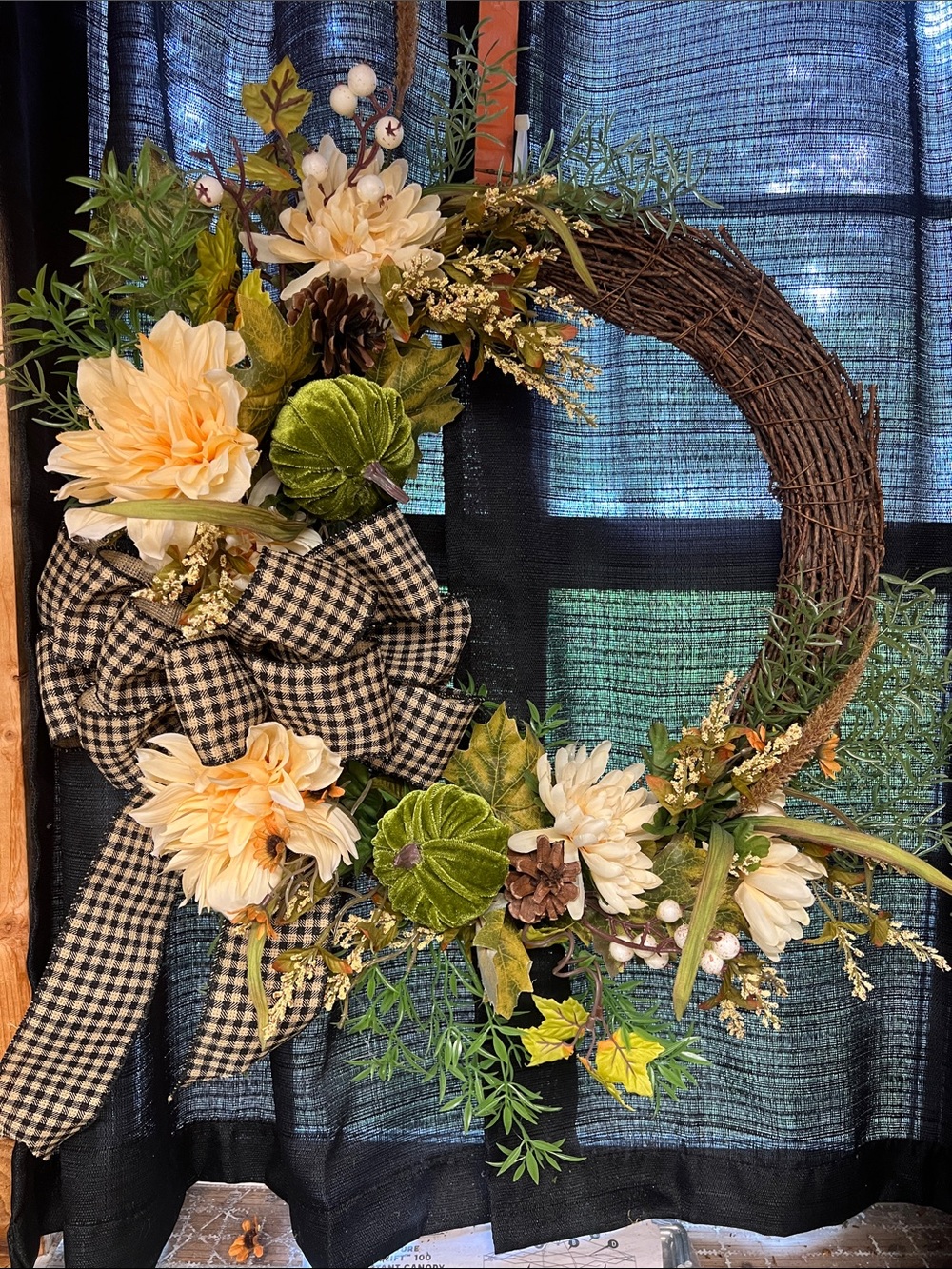 Handcrafted Cream Floral Grapevine Wreath with Green Accents
